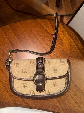 Dooney & Bourke Beige & Brown Monogram Wristlet Clutch